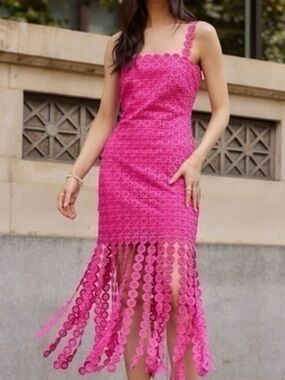 Just Me Hot Pink Crochet Fringe Midi Dress
